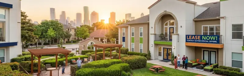 Modern Houston apartment complex at sunset with welcoming entrance